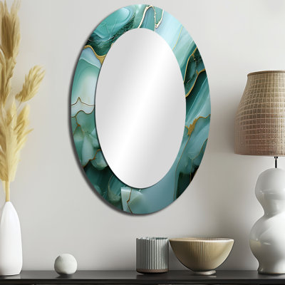 Miroir vert et gris à encre liquide I - Miroir décoratif abstrait ovale sur métal