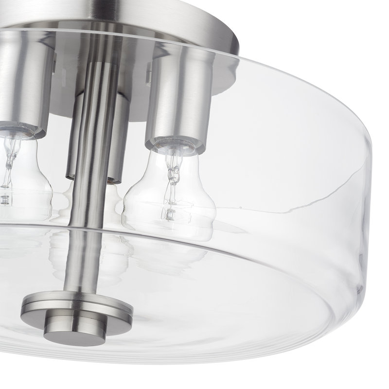 3 Light Antique Brass Large Semi-Flush With Mouth Blown Clear Glass, Brushed Nickel