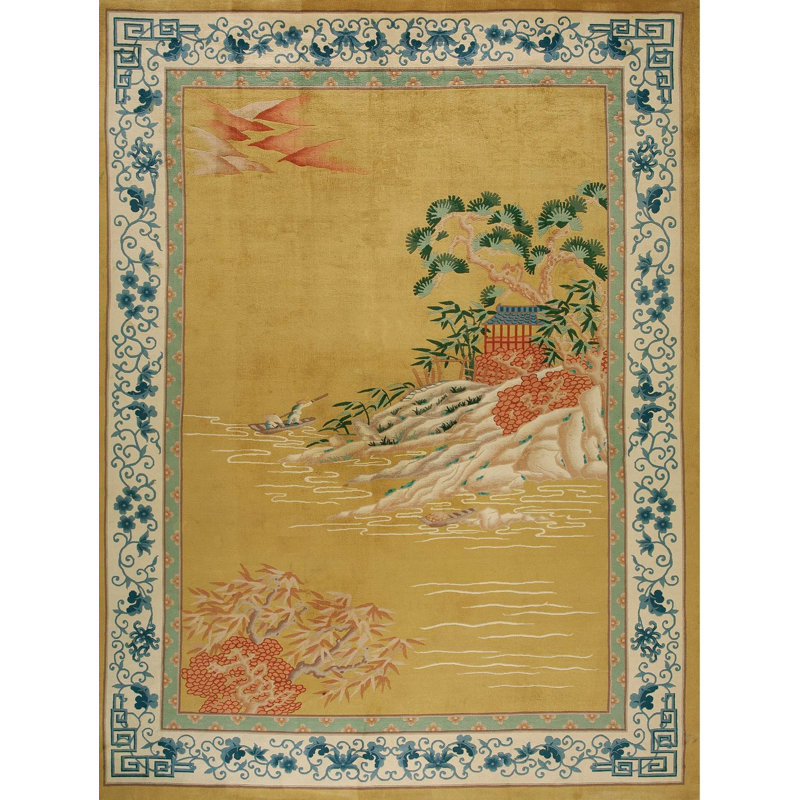 Light Yellow Color Antique Artistic Scenic Design Chinese Deco Rug