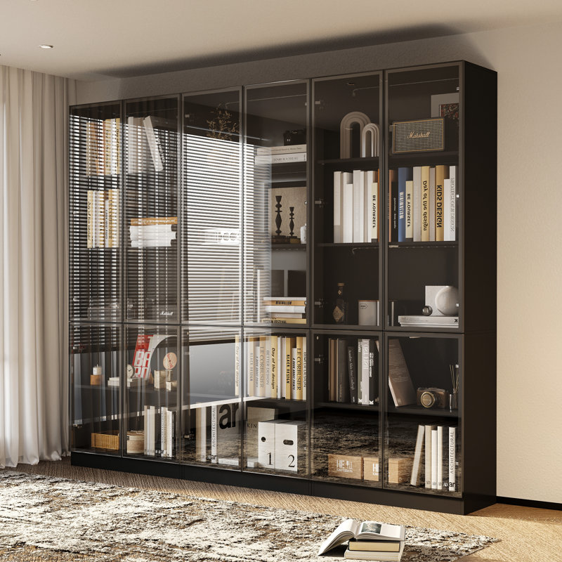 78.7'' H X 94.5'' W 5-Tier Display Bookcase With Glass Doors And LED Light, Black