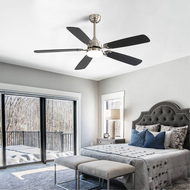 Modern 52 Inch Led Ceiling Fan With 110V 6 Speed Wind 5 Blades Remote Control Reversible DC Motor With Light, Nickel