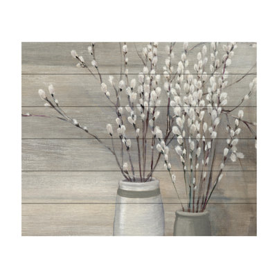 Wrapped Canvas Wall Art - Julia Purinton 'Pussy Willow Still Life Gray Pots Crop' Wall Art for Living Room, Bedroom, or Office Décor - 18x22