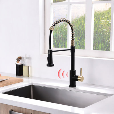 Touchless Kitchen Faucet - Automatic Smart With Pull Out Spray, Hands For Sink, Black And Gold, Contemporary Look, Ceramic Filler, Brass Material Sink Motion Sensor Activated, , Style,