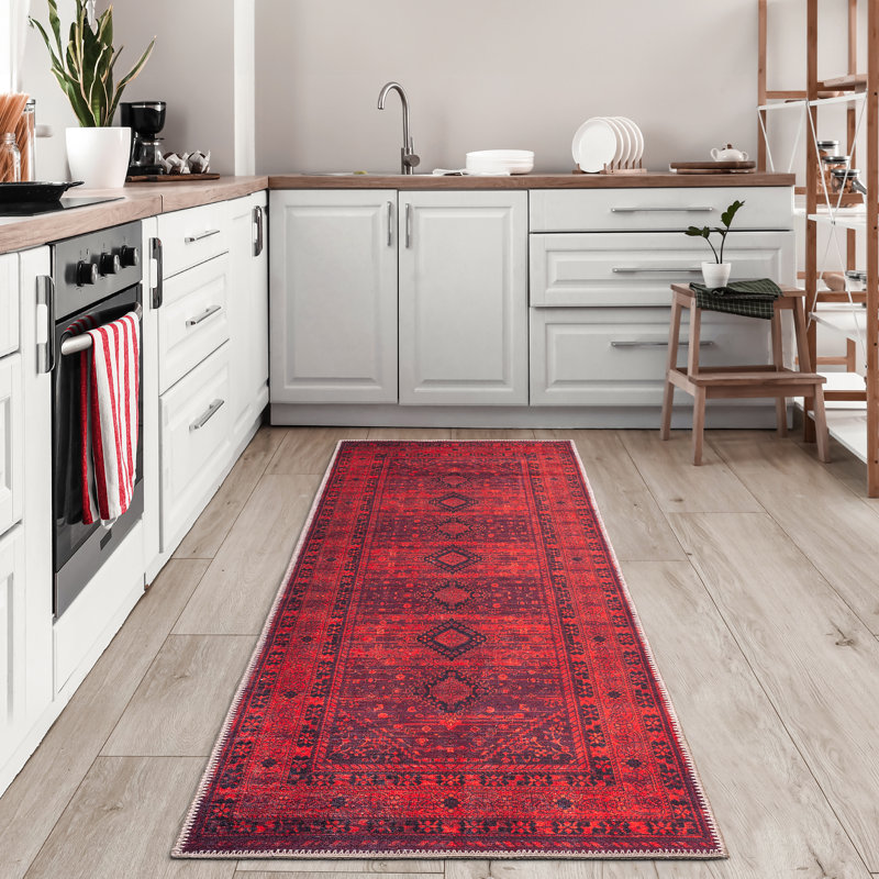  Tapis lavable antidérapant - Tapis à bordure rouge traditionnel pour entrée, couloir, salle de bain et cuisine