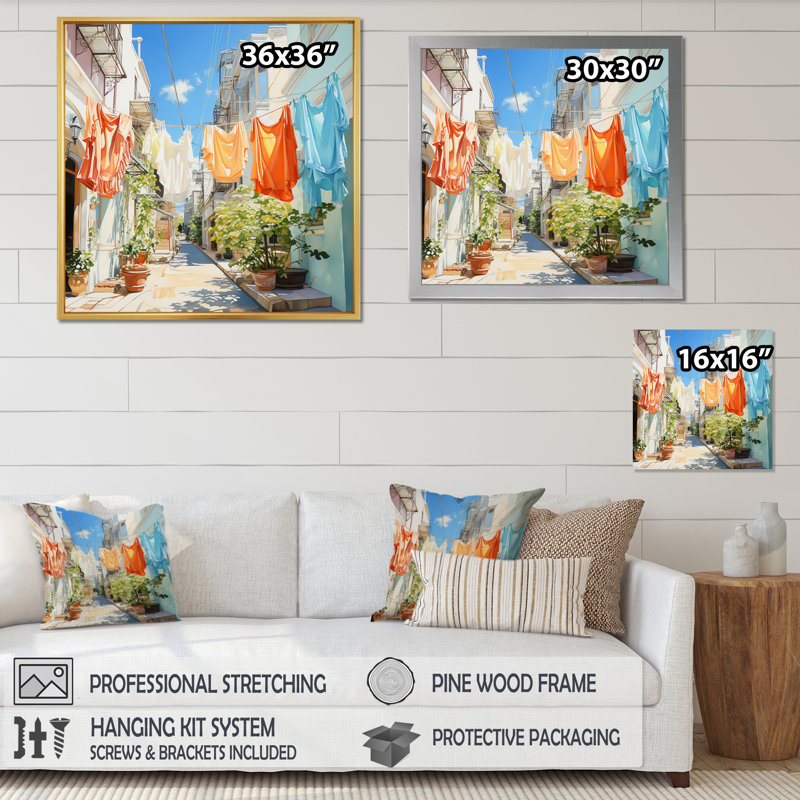 Blanchisserie en Italie V - Art mural, H 36 po x l 36 po x P 1,5 po, Cadre flottant doré
