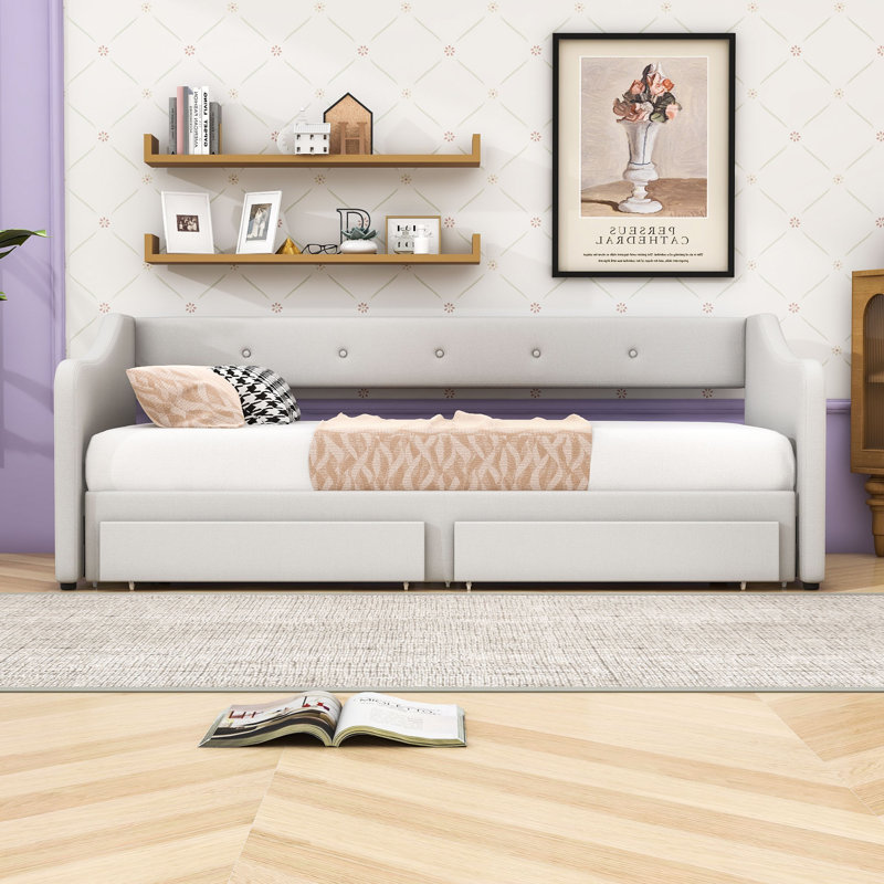 Rilla Twin XL Upholstered Daybed with Two Drawers, Beige
