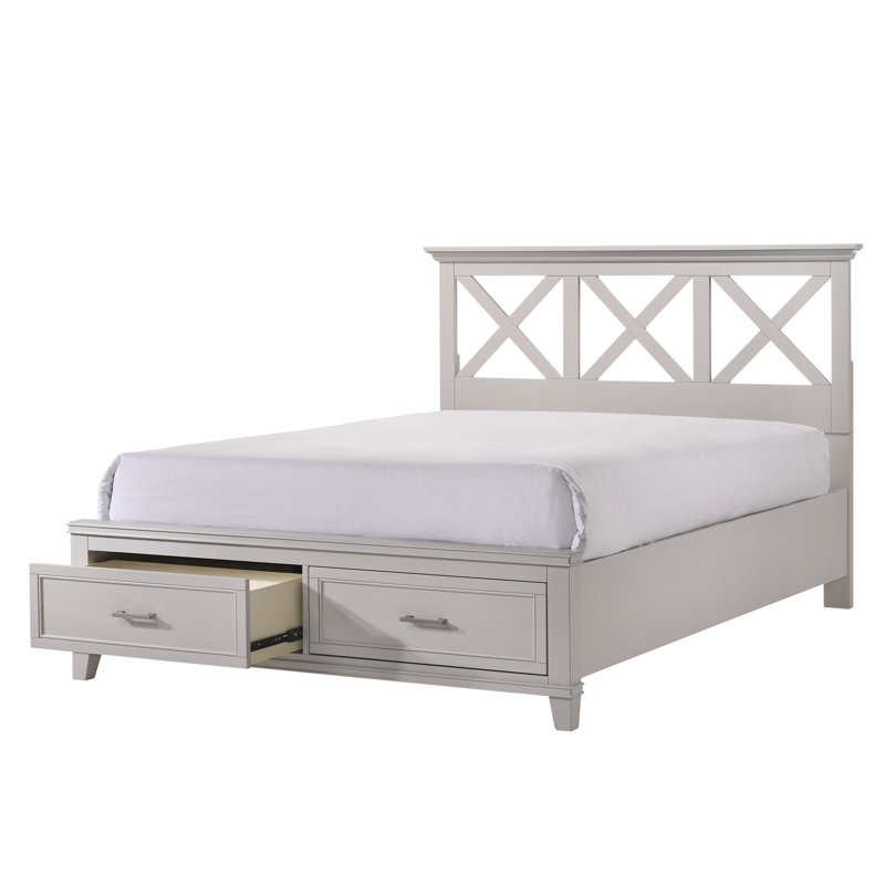 Très grand lit de rangement gris avec tête de lit fonctionnelle en X - Taille et style de chambre à coucher