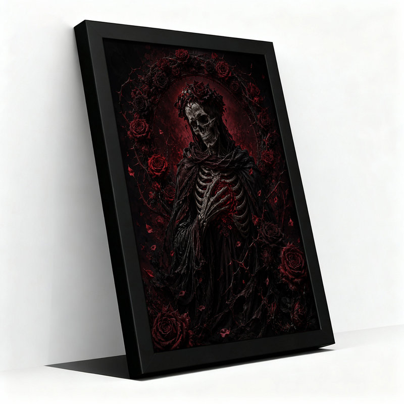 «Black Robed Skeleton tenant une rose rouge», 30"H x 20"W