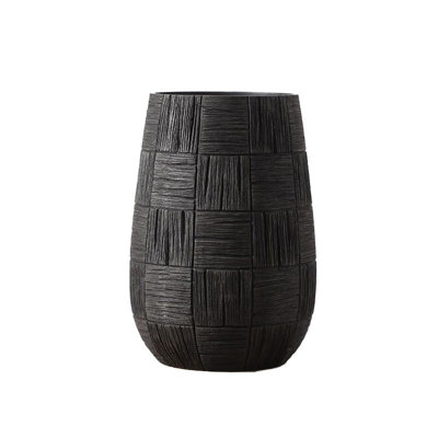Grand pot de fleurs décoratif en polyrésine à motif tribal à carreaux, noir, 48 cm