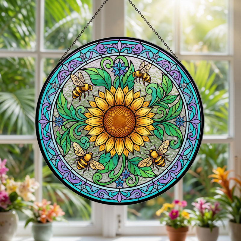 Panneau de vitrail Sunflower Bee, H 7,8 po