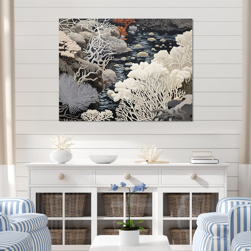 «Black and White Abstract Corals River IV», reproduction sur toile, Toile tendue, H 16 po x l 32 po x P 1 po