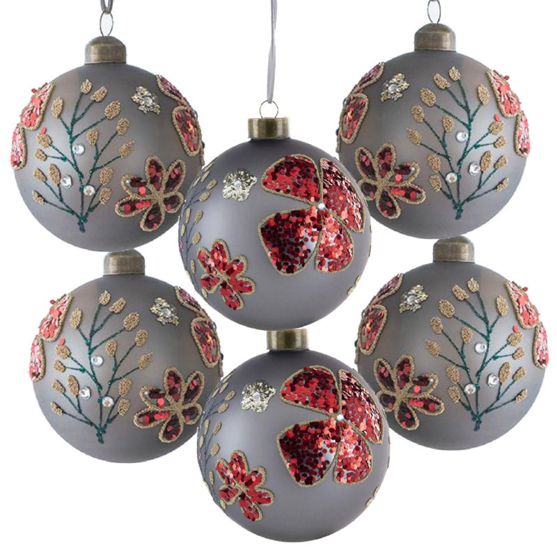Elegant Gray and Red Glass Christmas Ball Ornaments, Set of 6