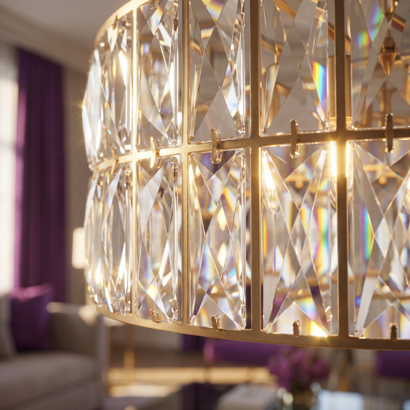 Lustre tambour en cristal doré à 6 lumières de 45,7 cm (18 po), suspension semi-encastrée réglable, Or brossé