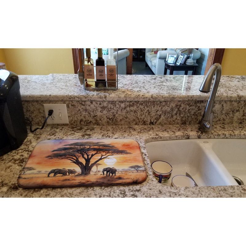 Elephants Savanna Sunrise Dish Drying Mat