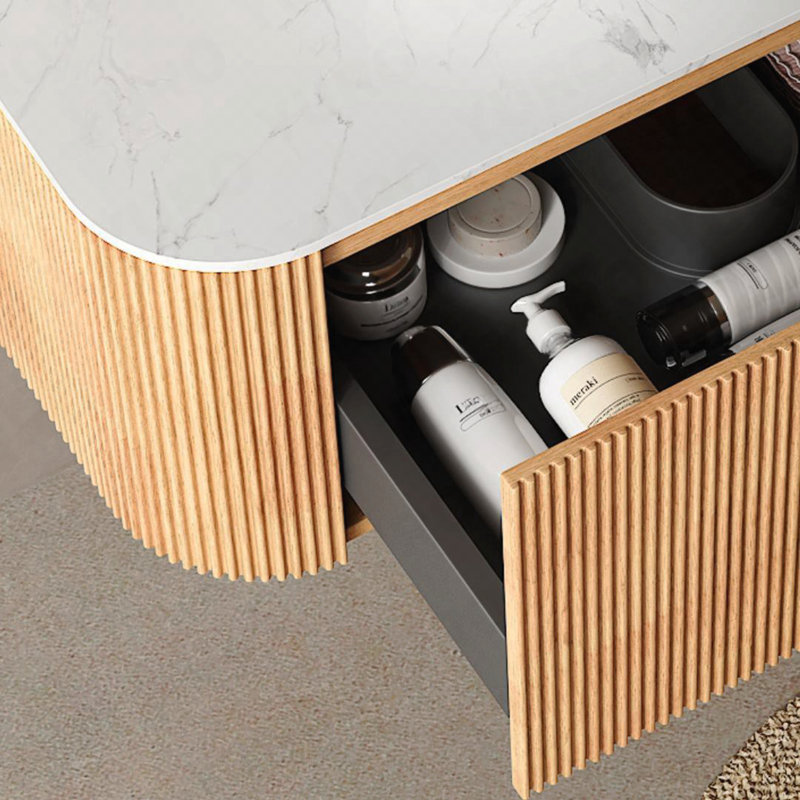Armoire murale 36 po, avec comptoir et tiroir en marbre artificiel blanc de Carrare, sans lavabo, sans robinet, couleur grain de bois naturel