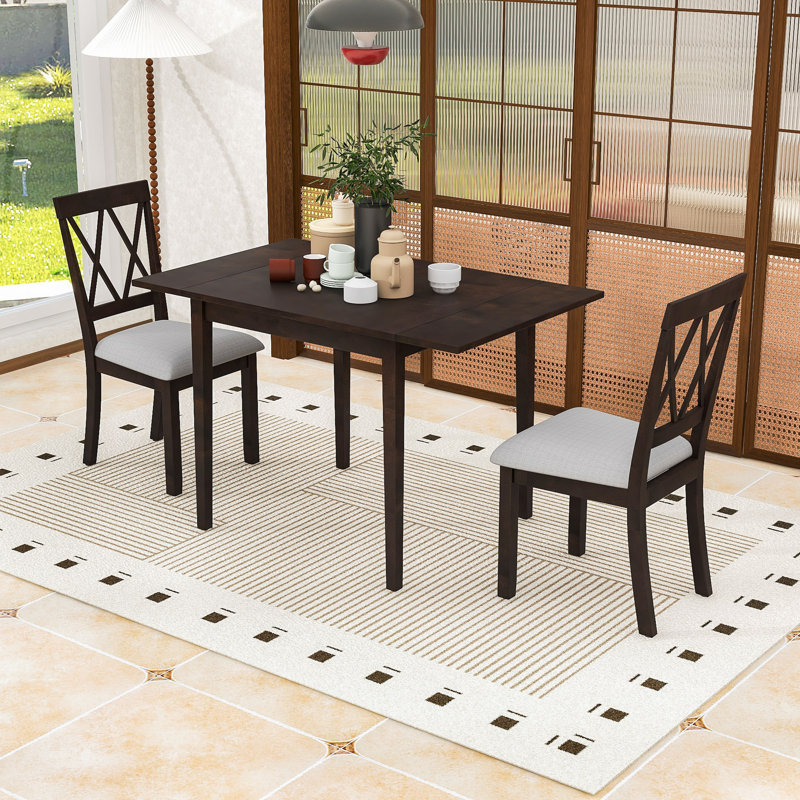Ensemble de table de salle à manger extensible 3 pièces, table en bois avec abattant et chaises rembourrées, Espresso