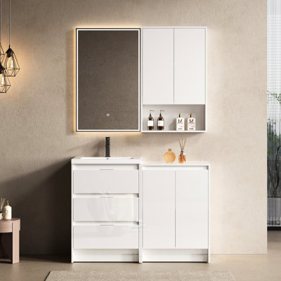 Meuble-lavabo autoportant 48 po avec lavabo en résine, 1 armoire et 1 armoire, porte à tiroirs à fermeture en douceur, contreplaqué blanc brillant pour la restauration du plan d'ameublement