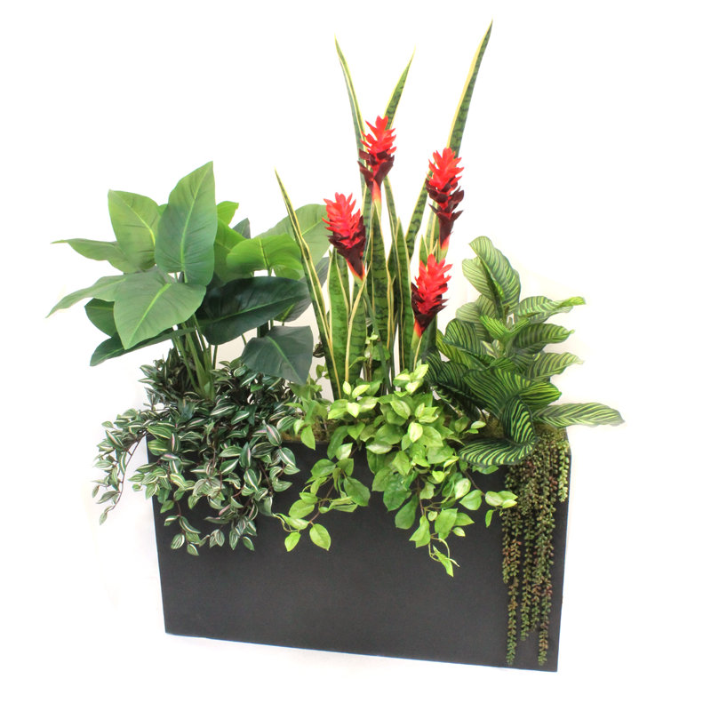 Faux Flowering Plant in Wood Planter