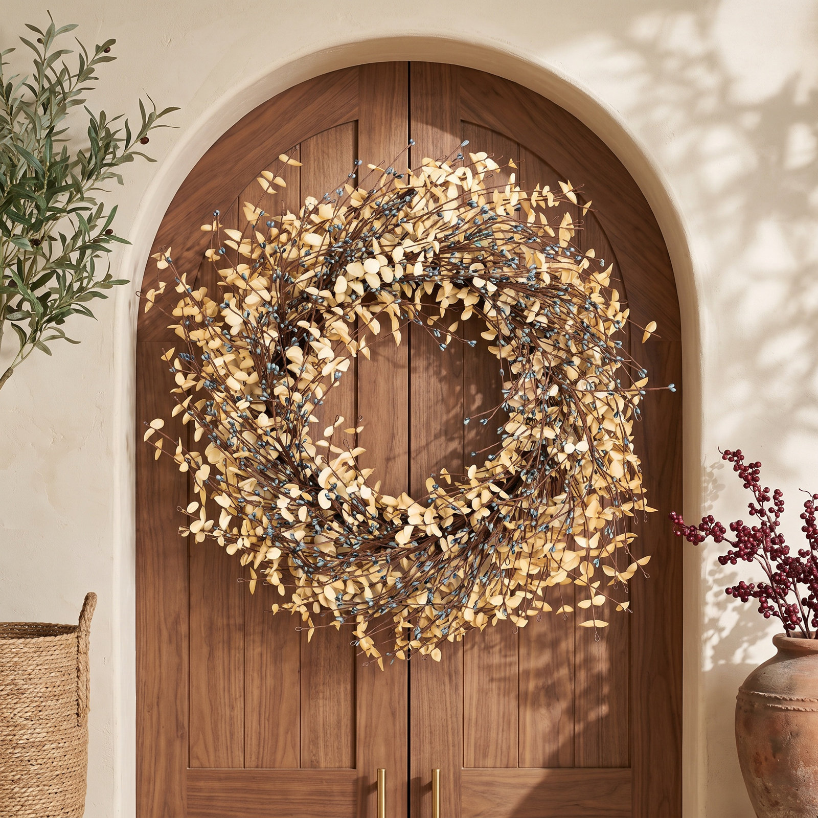 24" Artificial Farmhouse Fall Harvest Twig Blossoms Cluster Greenery Mini Eucalyptus Berry Thanksgiving Day Front Door Wreath