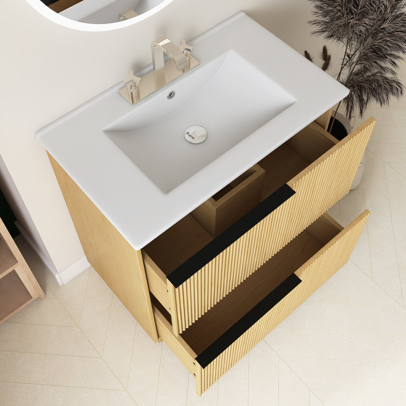Meuble-lavabo 30 po avec lavabo en céramique et tiroirs pleine extension, Jaune