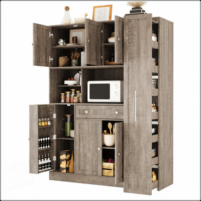 Buffet traditionnel autoportant avec huche, grande armoire de rangement pour garde-manger avec armoire latérale coulissante et tablettes de porte