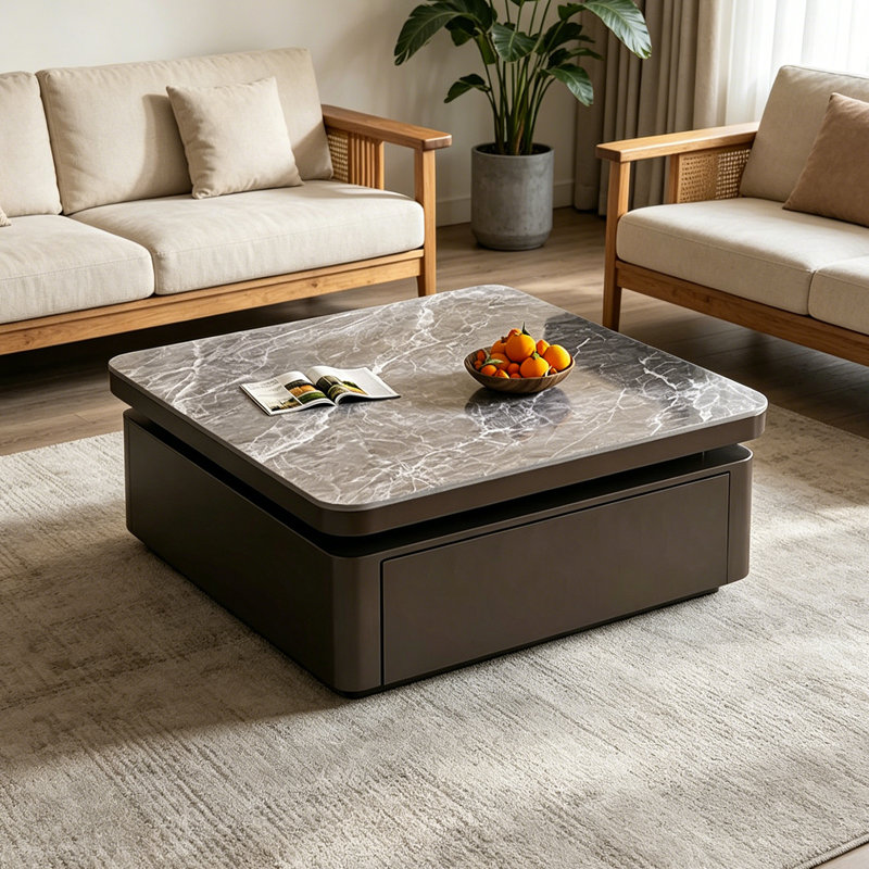 Table basse de luxe Italian Light, H 14,56 po x L 31,49 po x l 31,49 po, Gris, Noir