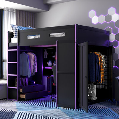 Full Size Wood Loft Bed with Desk,Wardrobe,Ample Storage Space,and RGB Light, Purple
