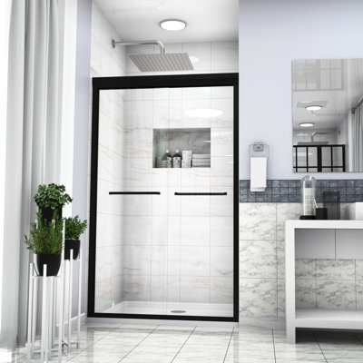 Enceinte de douche noire matte l 48 po x H 76 po - Porte coulissante double avec verre trempé haute et porte à ajustement mural, attrait moderne