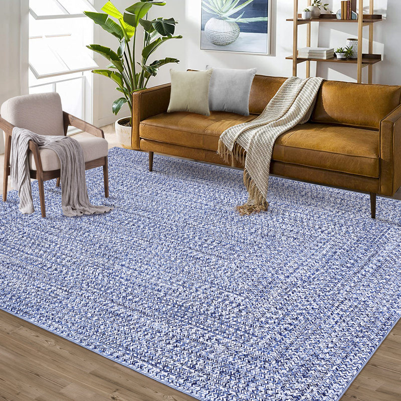 Braided Printed Texture Machine Washable Rug with Rubber Backing for Living Room Non-Slip Dining Room Rug Easy-Cleaning Floor Carpet for Bedroom