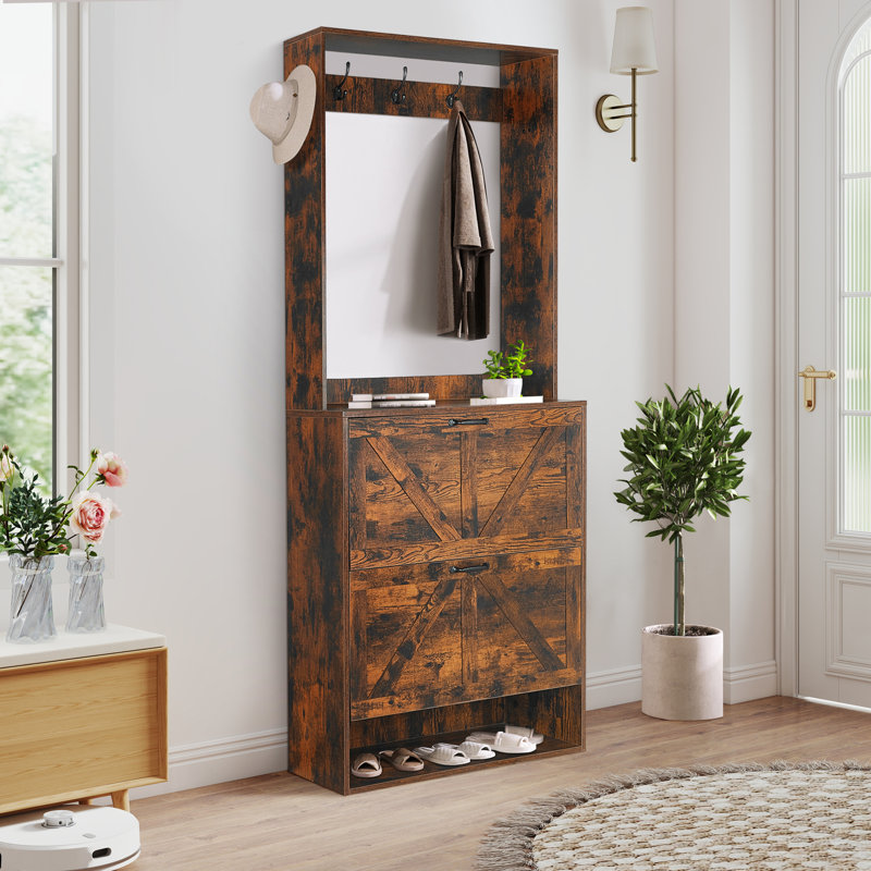 Shoe Storage Cabinet With Hooks, Brown