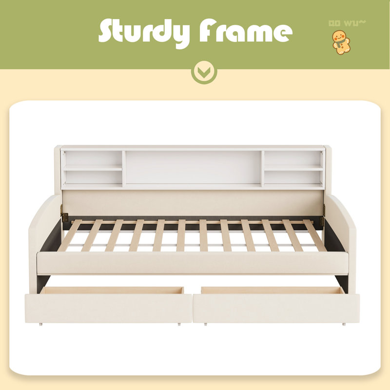 Lit plateforme simple tapissier avec rangement et tiroirs, Beige