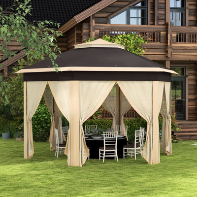 Pavillon de jardin hexagonal escamotable avec filet grillagé à 6 côtés - abri à 2 niveaux