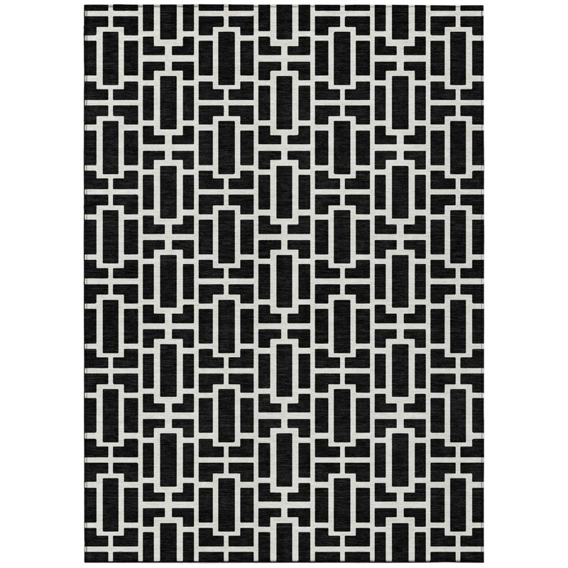 3' X 5' Black And Ivory Geometric Washable Indoor Outdoor Area Rug