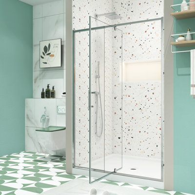 Porte de douche en verre trempé de l 50 à 54 po x H 71 po, finition, mécanisme de pivotement pivotant, installation facile, joint magnétique, excellente porte étanche avec verre de 1/4 po, aspect de finition, caractéristique, mode d'installation,