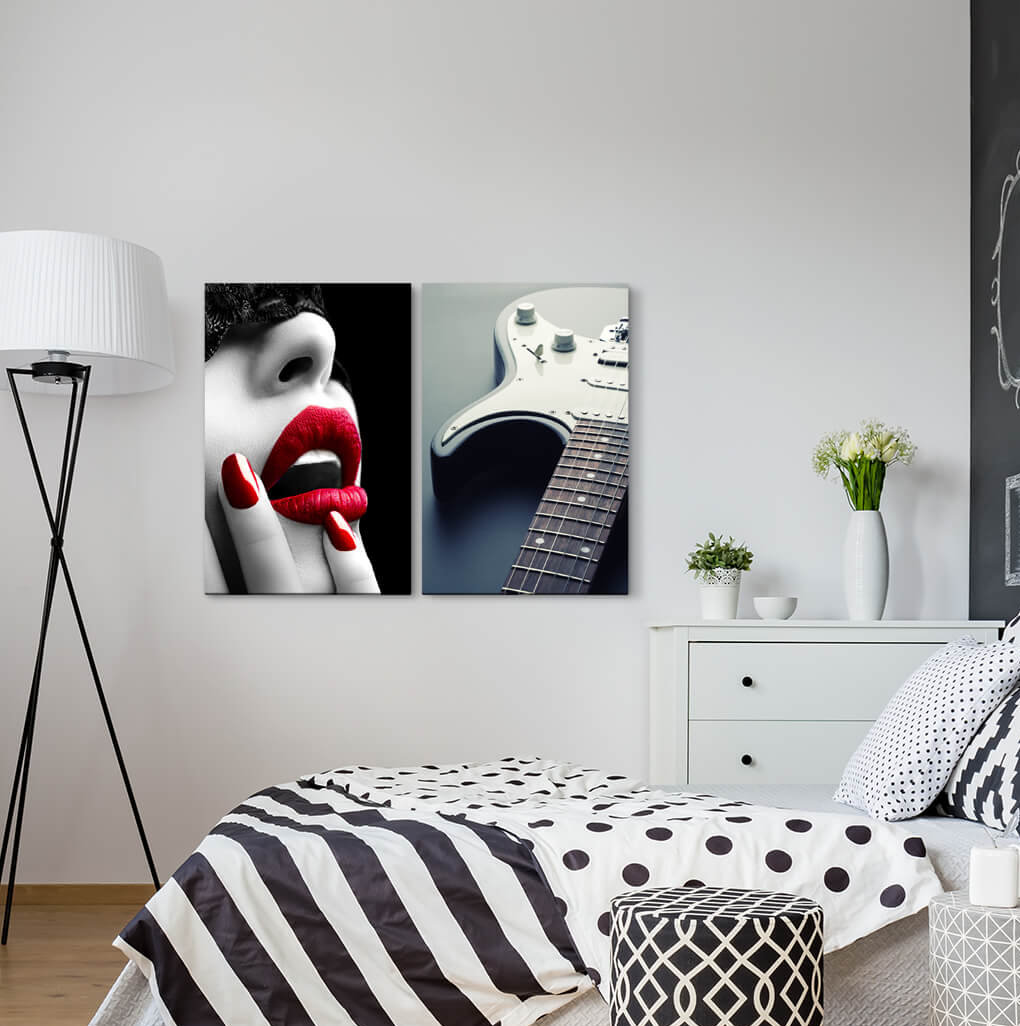 2-tlg. Leinwandbilder-Set Red Lips E-Gitarre