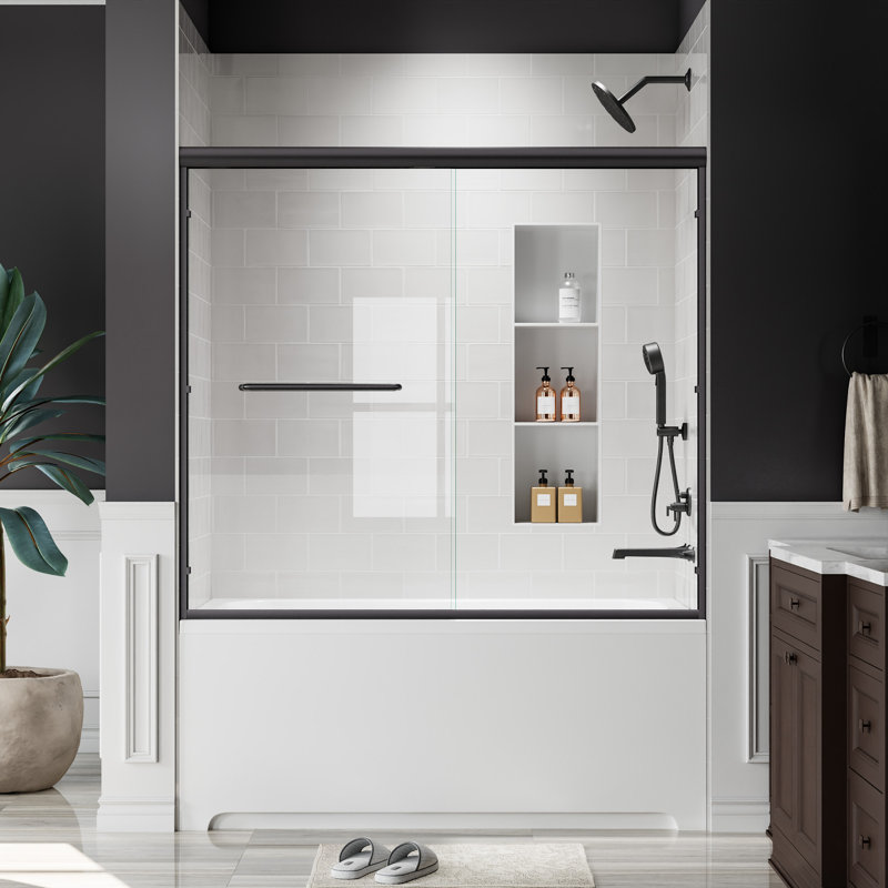 Porte de baignoire coulissante en aluminium noir mat 60 po à l 56 po x H 54 po avec verre trempé 1/4 po