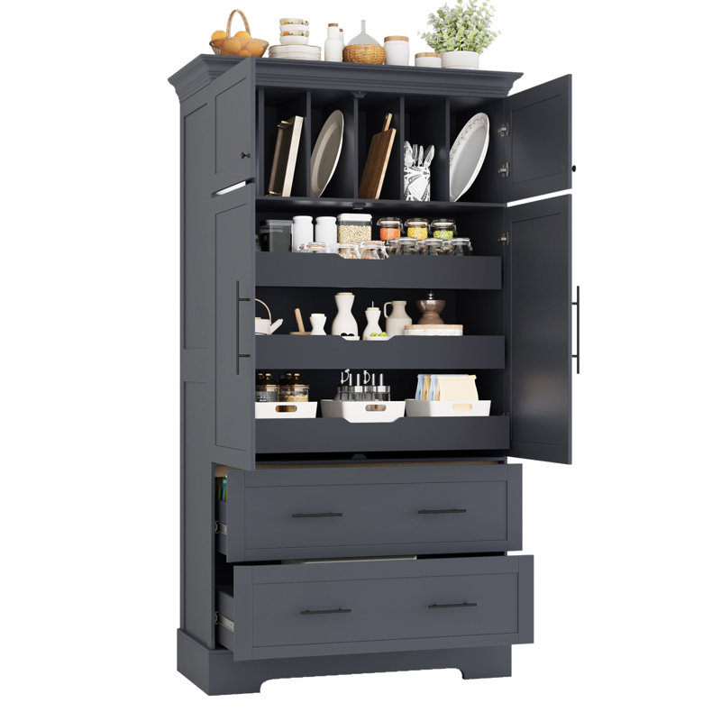 [Vidéo d'assemblage disponible] Garde-manger autoportant de 40 po x 18 po x 72,6 po à 4 portes avec plateaux coulissants, tiroirs et organisateur de moule à gâteau TopMAX Farmhouse