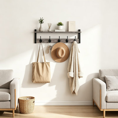 Portemanteau mural avec tablette, crochets muraux pour vestes de chapeaux, organisateur de rangement de couloir en bois rustique avec crochets en métal, décor de salon de ferme