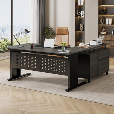 63" L-Shaped Executive Desk with File Cabinet, Large Modern Office Desk with Drawers, Shelves & Storage, Corner Computer Workstation for Home Office,