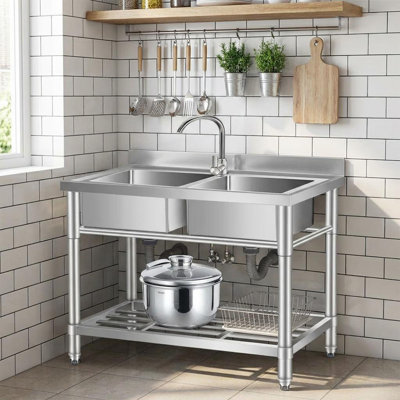Évier utilitaire en acier inoxydable avec établi et tablette de rangement, évier autoportant à double cuve avec robinet d'eau chaude et froide pour le garage, la cuisine, la buanderie,