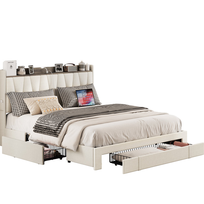 Deilyn Upholstered Bed with Charging Station and 3 Drawers, Full, Gray