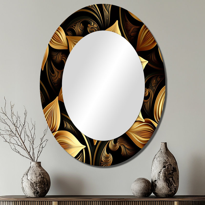 Golden Lily On Black II - Gold Oval Wall Mirror Decor, 40" x 30"