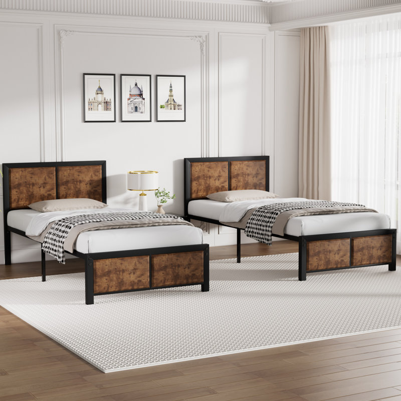 Sandreka 2 Set Twin Size Bed Frame, 2Pcs Rustic Farmhouse Metal Platform Bedframe with Wood Headboard, Mattress Foundation with Heavy Duty Metal Slats Support, No Box Spring Needed