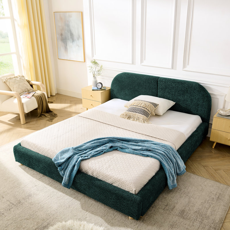 Queen Size Bed Frame, Modern Simple Style, Curved Headboard, Circle , Strong Leg Support, Upholstered With Fabric, Robust Legs, Style -