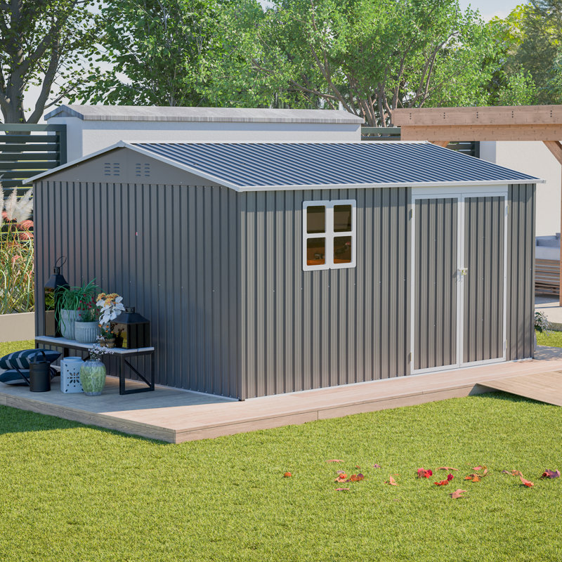 12x10 Ft Outdoor Storage Shed Metal, Large Garden Tool Sheds Outdoor With Lockable Doors, Waterproof Steel Utility Storage Building, Heavy Duty Equipment Shed For Backyard Patio Lawn Garden, Grey