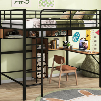 Lit mezzanine double en métal et bois noir et brun, construction solide, tablettes de bureau en L, espace sous le lit, coffre-fort avec garde-corps, aucun sommier nécessaire