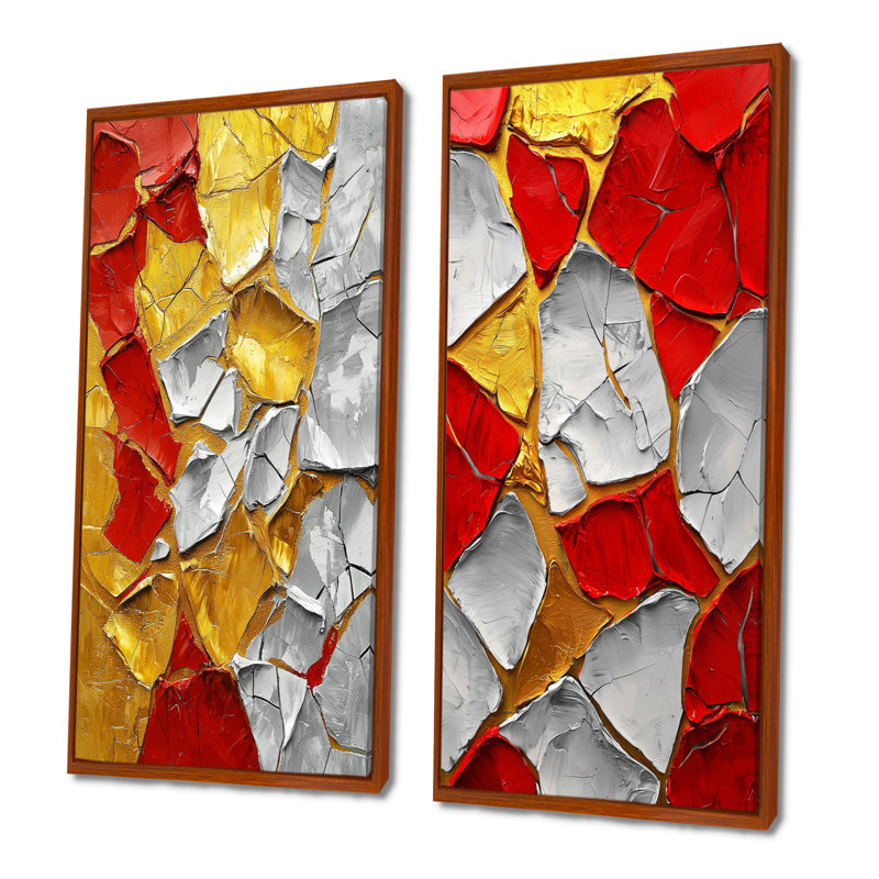«Abstract Fiery Fragmented Balance I», collection d'art mural abstrait 2 pièces, H 28 po x l 25 po, Cadre flottant brun