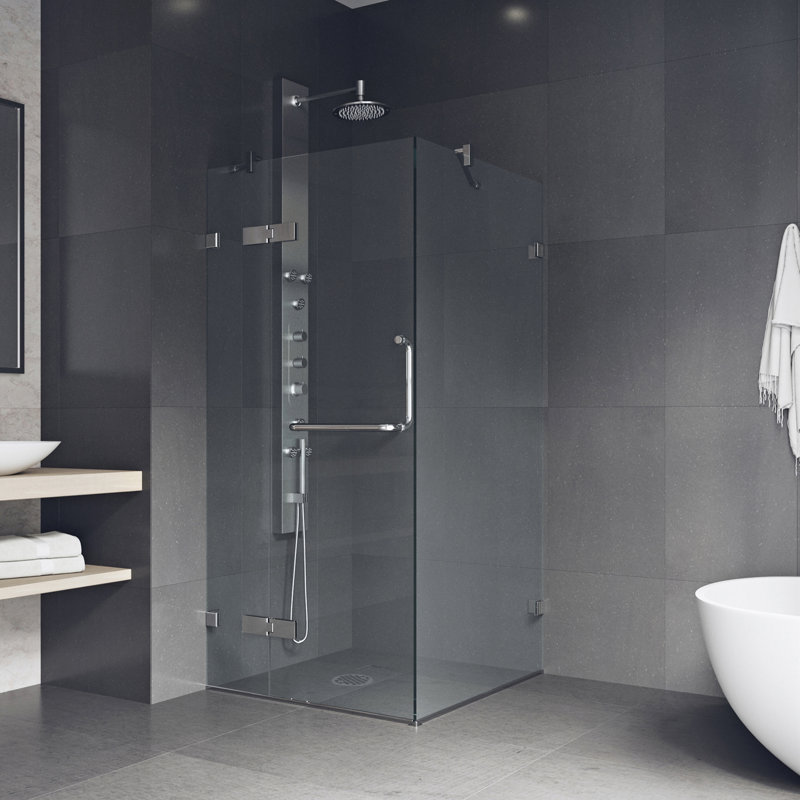 Cabine de douche à charnière sans cadre avec verre transparent 3/8 de l 30 po x P 30 po x H 73 po Monteray, Chrome