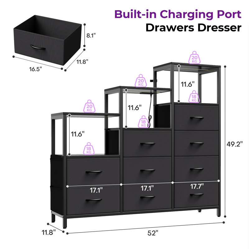52'' W 9-Drawer Fabric Dresser with Wood Top, Storage Chest, Black