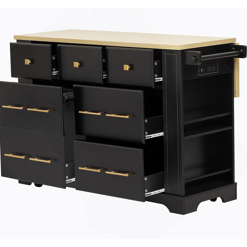 Versatile Rolling Kitchen Island With 6 Drawers, Pull-Out Trash Can Compartment, Drop-Leaf Countertop, Built-In Power Outlet, And 5 Hidden Lockable Wheels For Flexible Cooking And Storage.